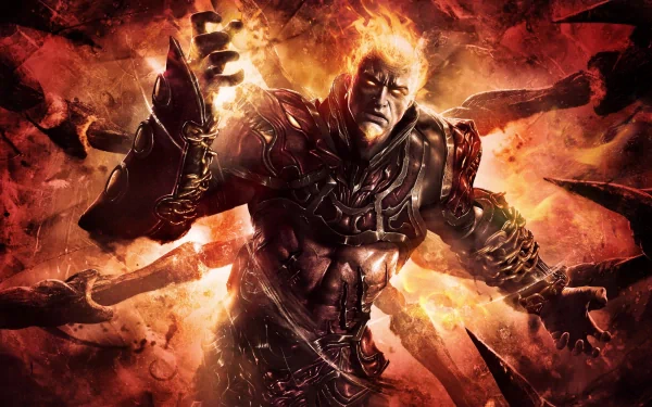 Fiery 2K Quad HD PC desktop wallpaper of Hades from the video game God of War: Ascension — armored, flaming god reaching forward amid erupting embers and shattered stone.