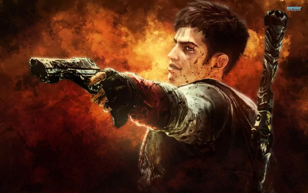 HD PC desktop wallpaper featuring a character from the video game DmC: Devil May Cry aiming a gun against a fiery, intense background.