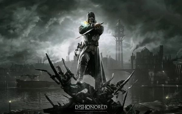HD PC desktop wallpaper featuring Corvo Attano from the video game Dishonored, standing poised in a dark, atmospheric cityscape with a stormy sky.