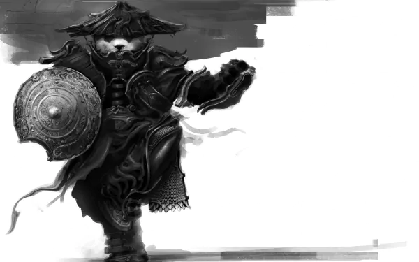 Grayscale HD PC desktop wallpaper of a Pandaren monk from the video game World of Warcraft: Mists of Pandaria — dynamic pose with straw hat, shield and flowing robes.