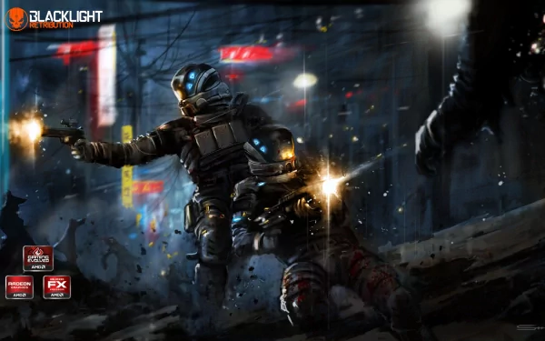 HD PC desktop wallpaper for the video game Blacklight: Retribution depicting armored futuristic soldiers exchanging gunfire in a neon-lit, rain-soaked urban battlefield.