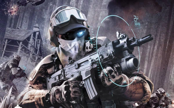 HD PC desktop wallpaper: Tom Clancy's Ghost Recon: Future Soldier — masked futuristic soldier in tactical gear aims an assault rifle with a digital HUD overlay amid ruined urban battlefield.