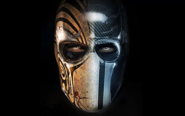 A striking HD wallpaper featuring the iconic mask from the video game Army of Two: The Devil's Cartel, showcasing intricate designs and a dark, intense atmosphere.
