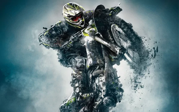 HD PC desktop wallpaper from the video game MX vs ATV Reflex: motocross rider mid-air with smoky debris and dynamic splatter effects.