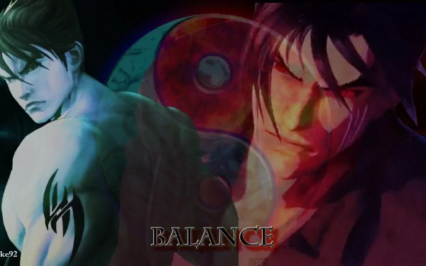 HD desktop wallpaper featuring Jin Kazama from the Tekken series, including Tekken 5, Tekken 6, and Tekken Tag Tournament 2, with an emphasis on the theme of Balance and a prominent eye motif.