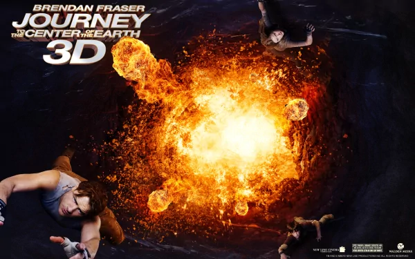 HD desktop wallpaper featuring Brendan Fraser in a fiery scene from the 2008 movie Journey to the Center of the Earth 3D, capturing intense action and adventure.