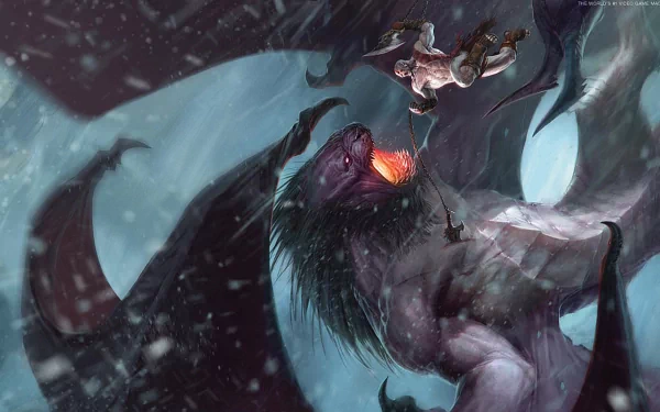 HD PC desktop wallpaper featuring a dynamic battle scene from the video game God of War: Ascension with a fierce warrior confronting a giant creature.