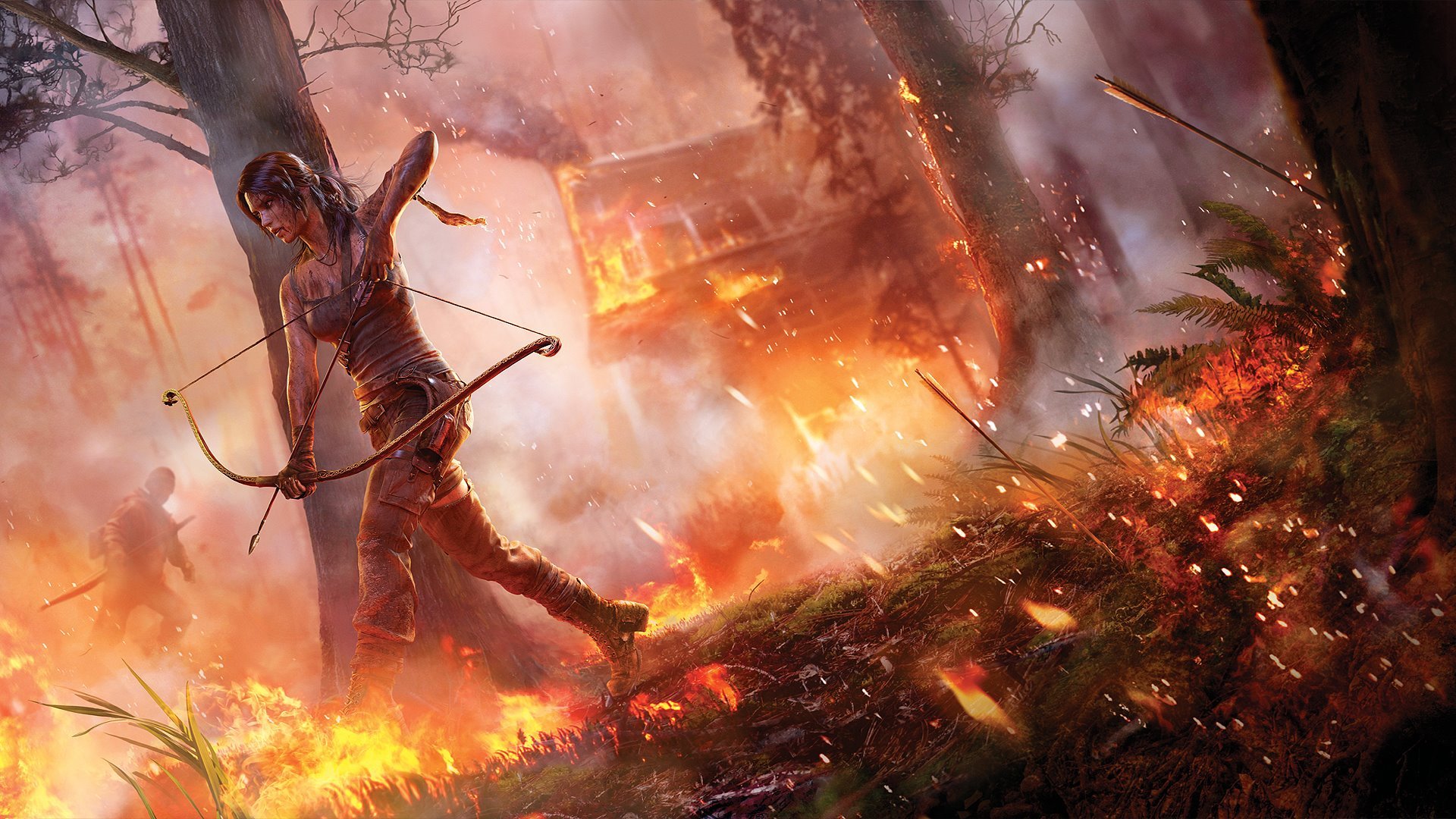 HD PC desktop wallpaper for the video game Rise of the Tomb Raider: Lara Croft draws her bow amid a burning forest, arrows and embers flying in dramatic action.