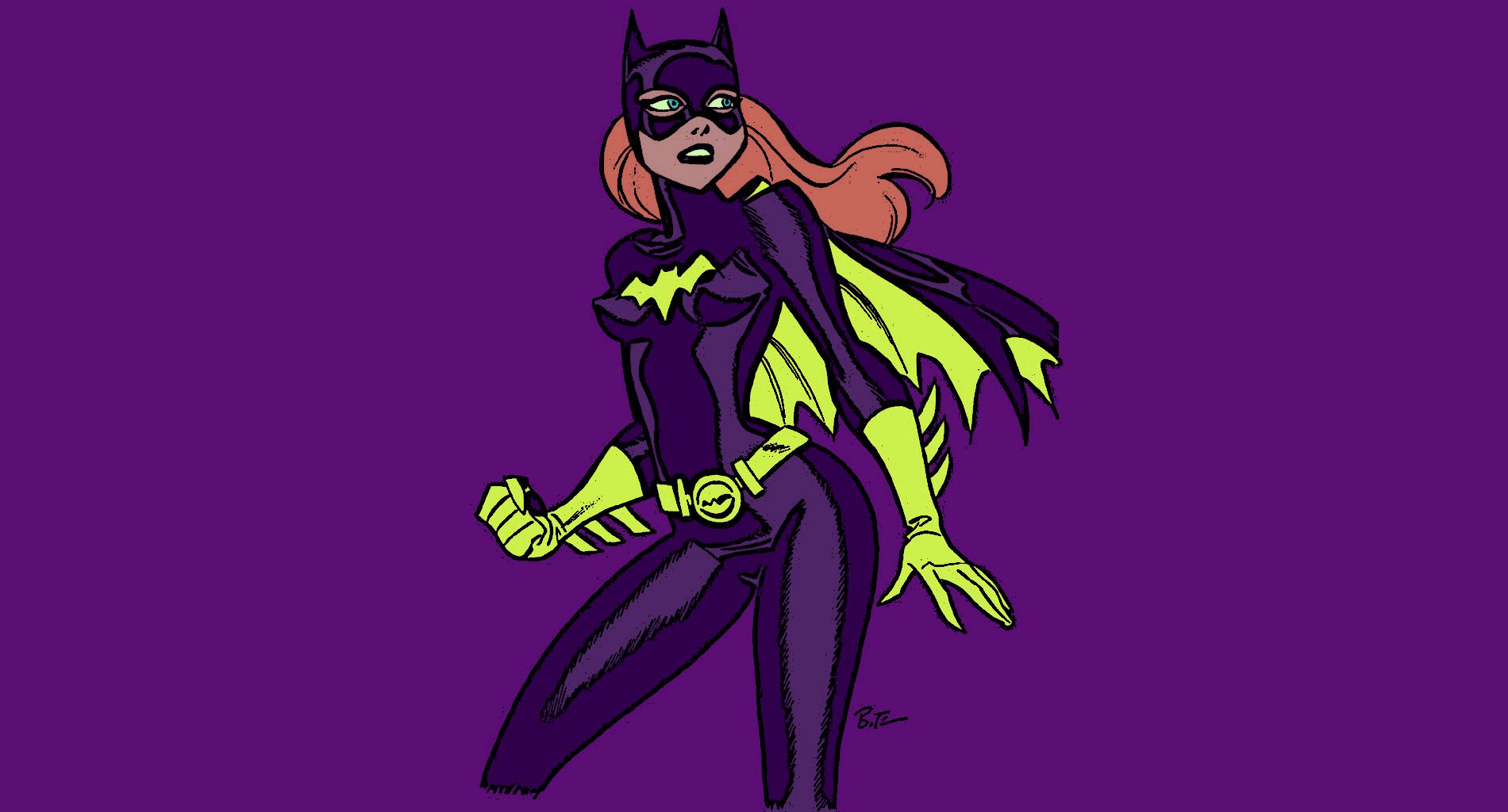 HD comic-style PC desktop wallpaper featuring Batgirl in a dynamic pose against a solid purple background.