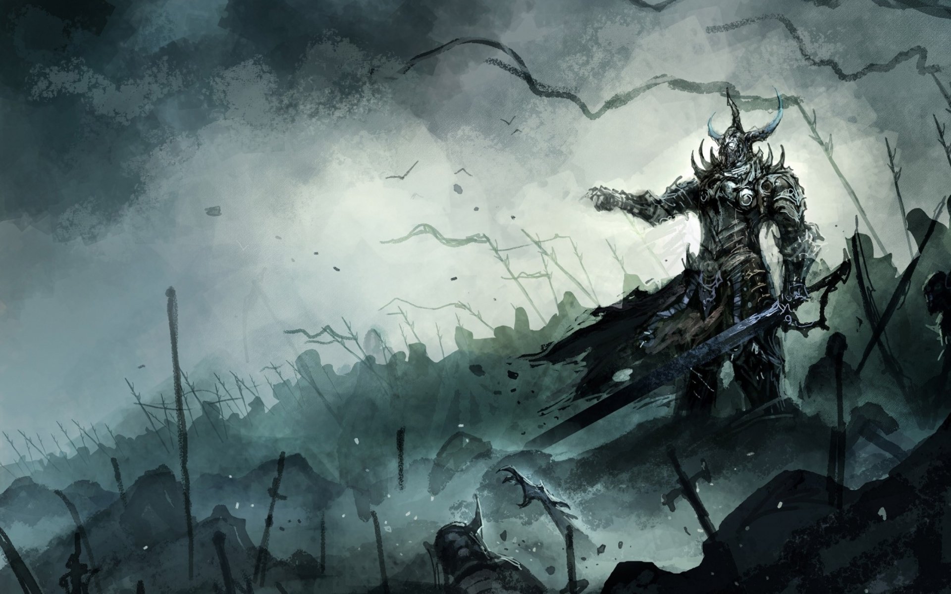 A fierce fantasy warrior stands amidst a chaotic battlefield, commanding the scene with a dramatic presence, set against a backdrop of dark clouds and scattered debris.
