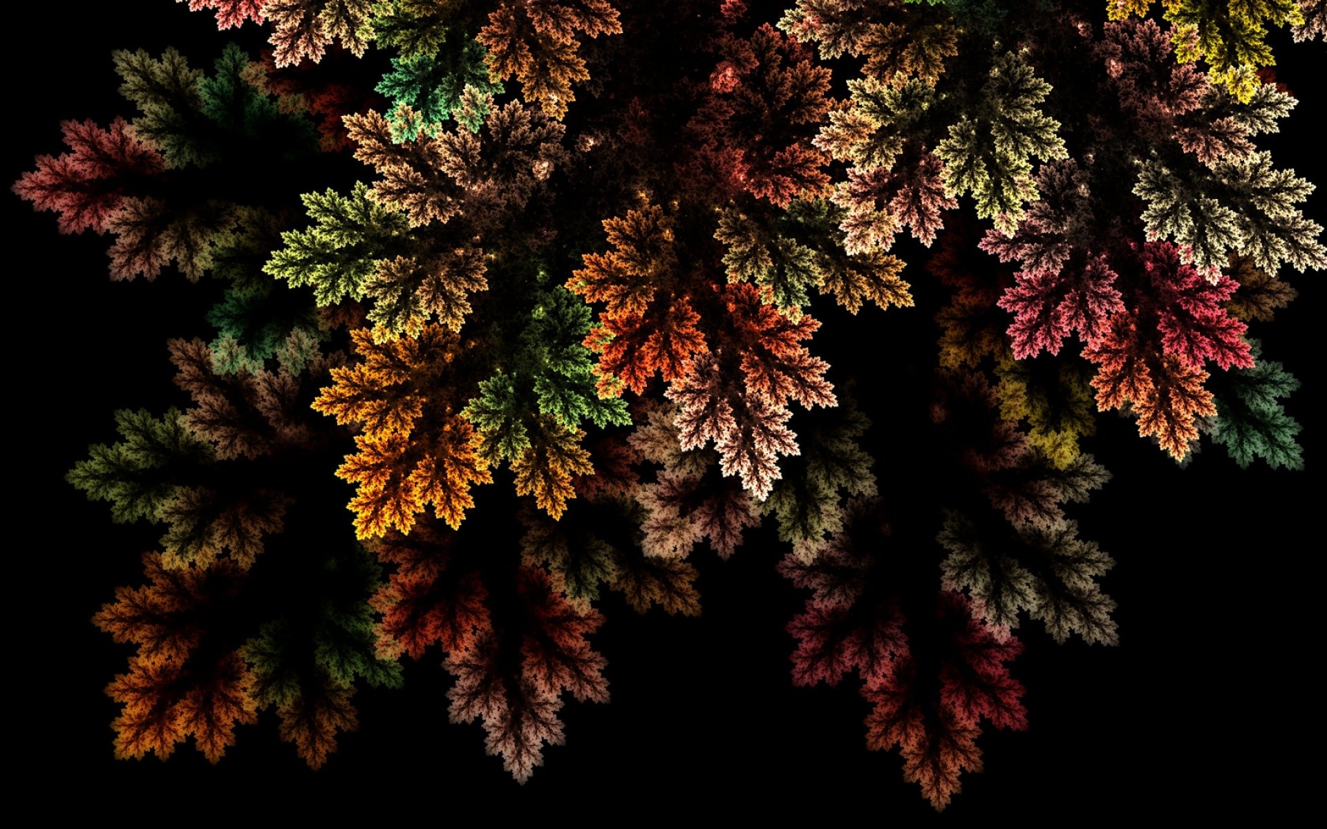 HD PC desktop wallpaper featuring an abstract fractal design resembling colorful, intricate foliage against a black background.
