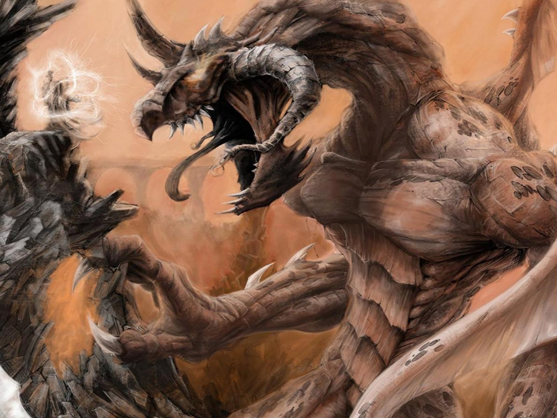 Fantasy dragon rears and roars, claws shredding stone against a smoky orange sky — 2K Quad HD PC Desktop Wallpaper and Background.