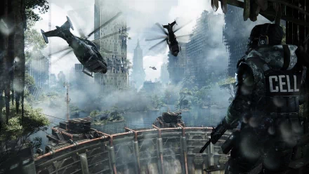 HD PC desktop wallpaper featuring an intense combat scene from the video game Crysis 3 with soldiers, helicopters, and a ruined urban environment.