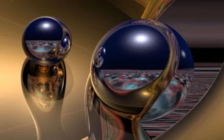 Abstract HD PC desktop wallpaper featuring reflective metallic spheres with smooth surfaces and distorted reflections, creating a futuristic and surreal visual effect.