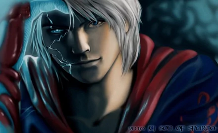 An HD desktop wallpaper featuring a character from the video game Devil May Cry 4 with white hair, a smirk, and a fractured face. The background is dark, highlighting the character’s face and red hoodie.