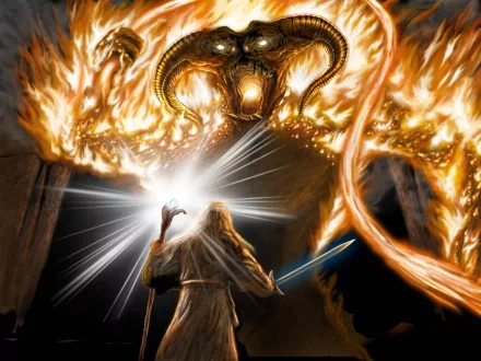 A dramatic scene from The Lord of the Rings, featuring Gandalf confronting the fiery Balrog in a battle of light and darkness. This fantasy artwork makes a captivating desktop wallpaper.