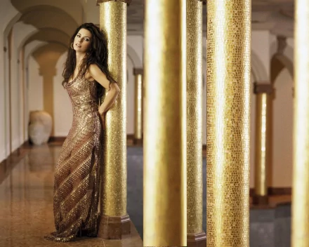 HD PC desktop wallpaper featuring Shania Twain in a shimmering gold gown, standing beside ornate golden columns in an elegant, music-inspired setting.