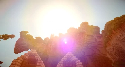 HD Minecraft desktop wallpaper showing a bright sun shining over blocky, mountainous terrain with a clear sky, capturing the game’s iconic pixelated style.