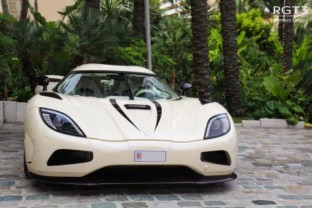 A white Koenigsegg Agera R parked on a cobblestone area, surrounded by lush green palm trees, in a high-definition desktop wallpaper and background.