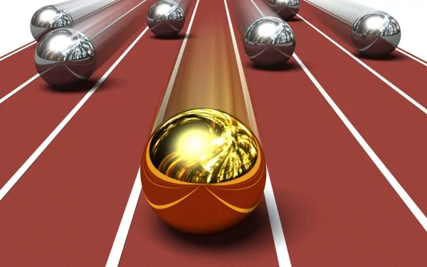 HD PC desktop wallpaper featuring an abstract design with a reflective golden sphere leading a group of silver spheres on a red track with white lines.