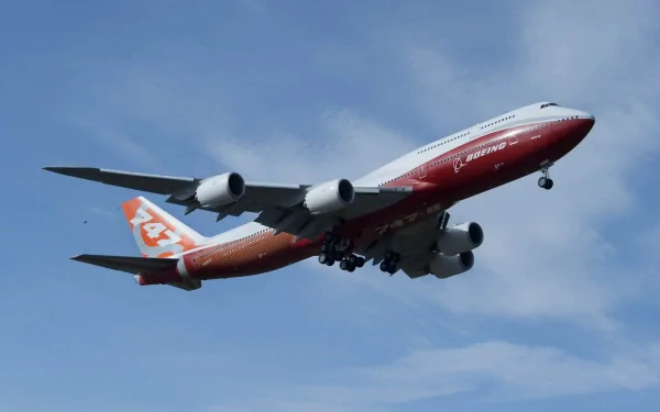 HD PC desktop wallpaper showing a Boeing 747-8 aircraft in flight against a clear blue sky.