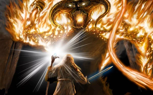 A dramatic scene from The Lord of the Rings, featuring Gandalf confronting the fiery Balrog in a battle of light and darkness. This fantasy artwork makes a captivating desktop wallpaper.