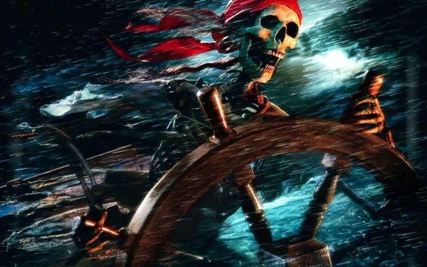 HD PC desktop wallpaper featuring a skeletal pirate with a red bandana steering a ship's wheel, inspired by the movie Pirates of the Caribbean: The Curse of the Black Pearl.