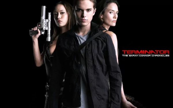 A dramatic wallpaper featuring John Connor, played by Thomas Dekker, flanked by Lena Headey and Summer Glau, promoting Terminator: The Sarah Connor Chronicles.