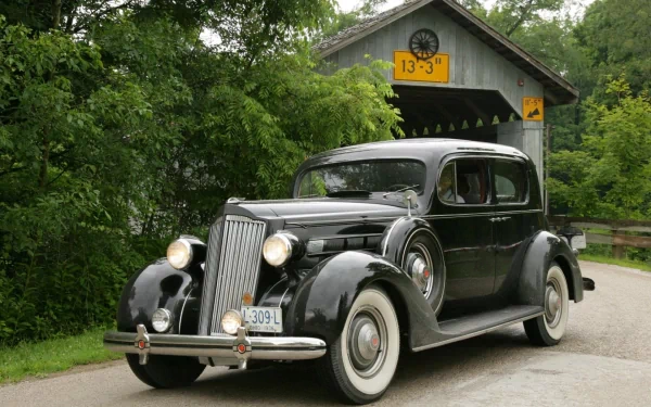 Classic black Packard vehicle parked before a leafy covered bridge, captured as an HD PC desktop wallpaper and background.