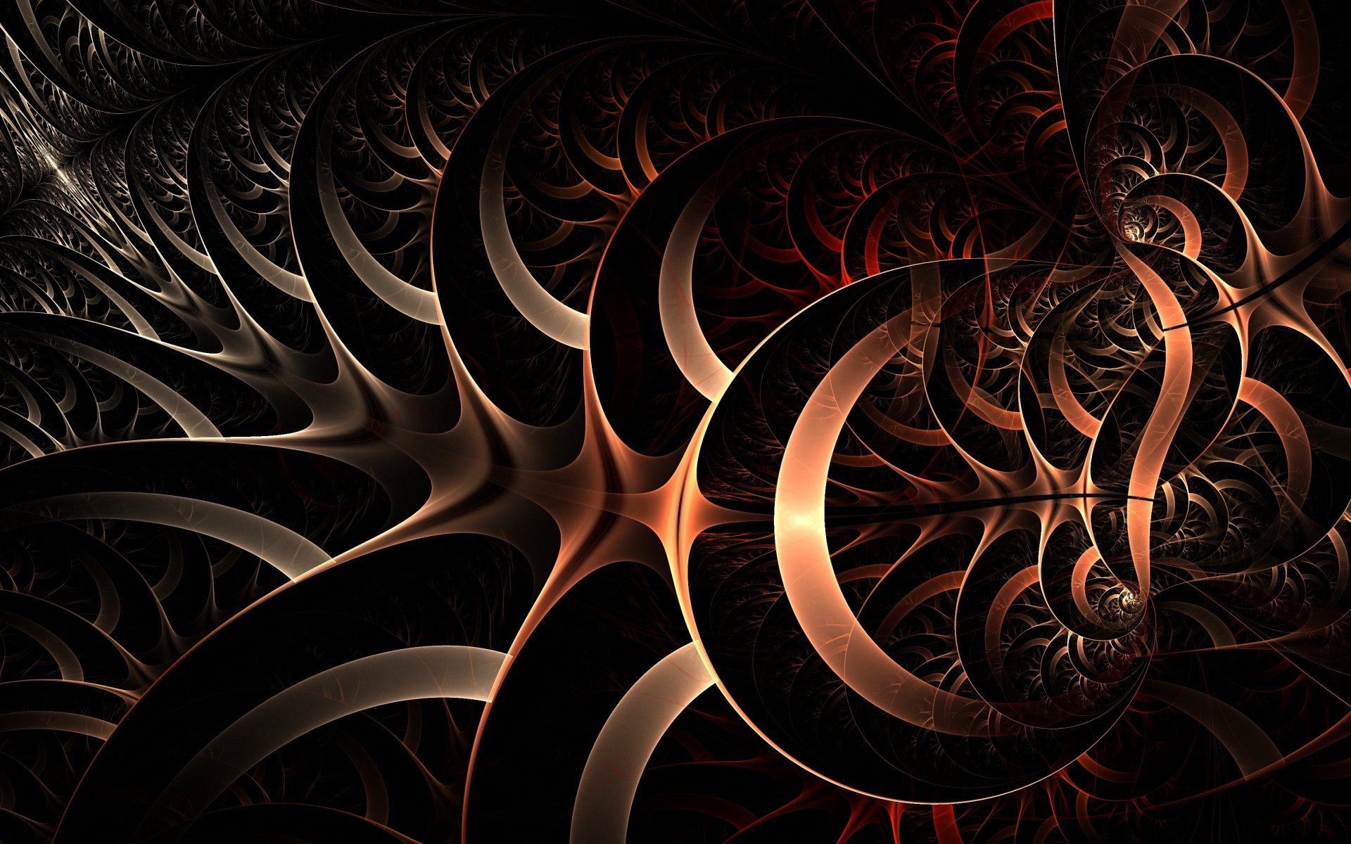 Abstract fractal design with dark, swirling shapes and warm metallic tones, rendered in high definition as a visually striking PC desktop wallpaper and background.
