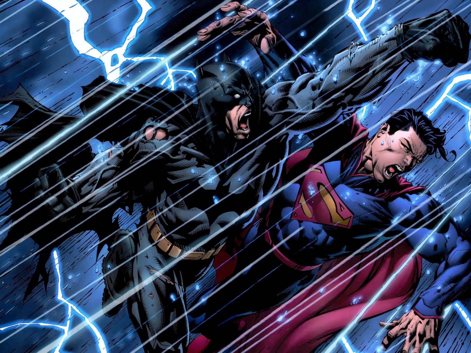 HD PC desktop wallpaper featuring Batman and Superman in a dramatic comic scene from Batman: The Dark Knight amid intense rain and lightning.