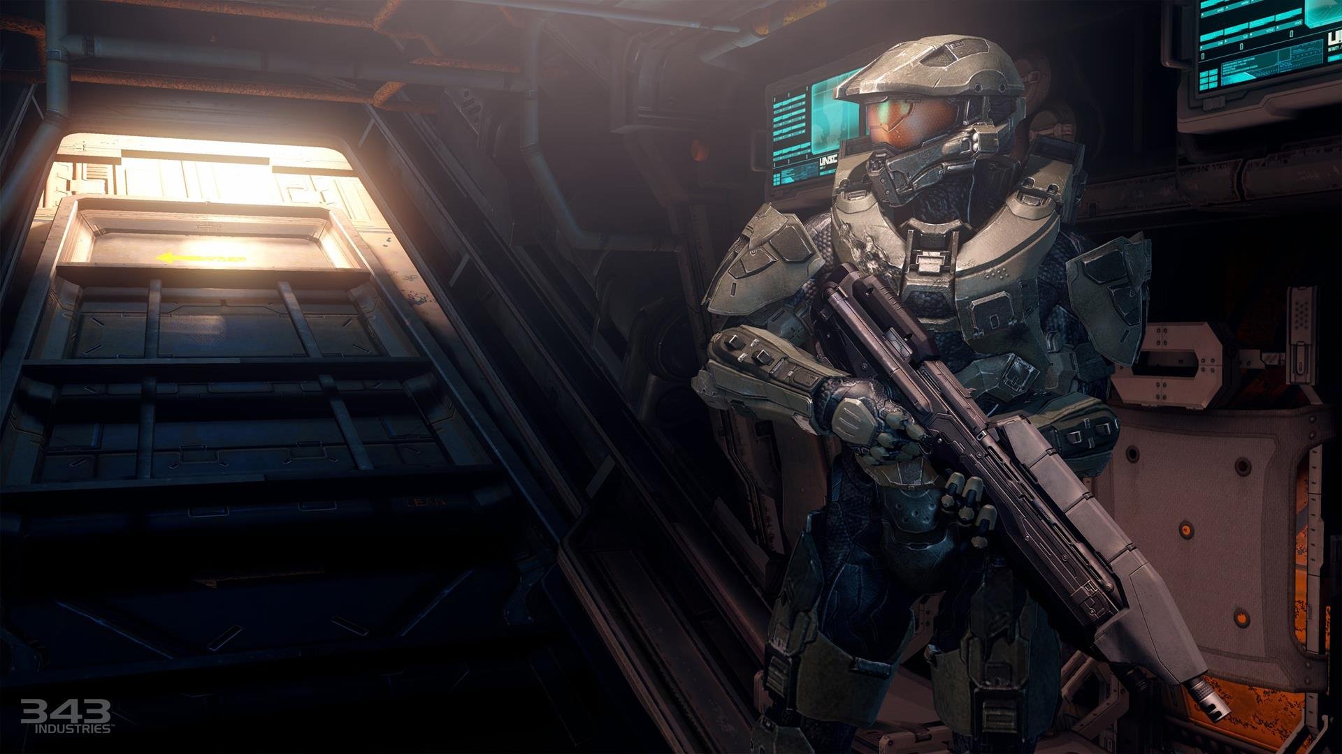 HD PC desktop wallpaper featuring a detailed scene from the video game Halo 4, showcasing a Spartan soldier in futuristic armor holding a weapon inside a dimly lit spaceship interior.