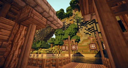 A vibrant Minecraft landscape featuring lush trees and textured terrain, framed by wooden structures, creating an engaging HD wallpaper for fans of the game.