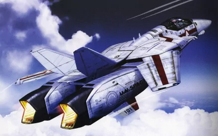 Anime Macross fighter jet soaring above clouds with glowing thrusters — HD PC desktop wallpaper background illustration.