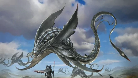 HD fantasy desktop wallpaper depicting a large, metallic, winged creature soaring above a warrior on a cloudy battlefield.