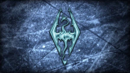 HD desktop wallpaper and background featuring a stylized dragon logo from the video game The Elder Scrolls V: Skyrim, set against a textured, icy blue backdrop.