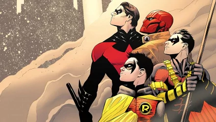 A dynamic illustration featuring Jason Todd, Damian Wayne, Tim Drake, and Dick Grayson as Red Hood, Robin, Red Robin, and Nightwing from DC Comics, against a dramatic background.