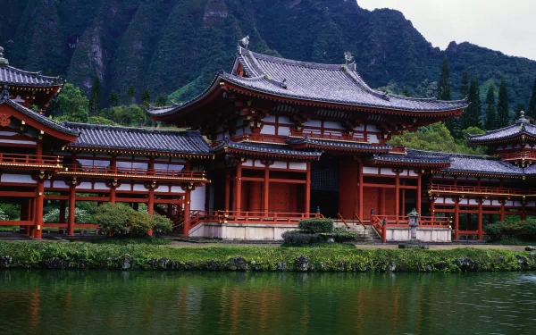 HD desktop wallpaper featuring the serene Byodo-In Temple, a religious site set against lush mountains and reflected in calm waters.