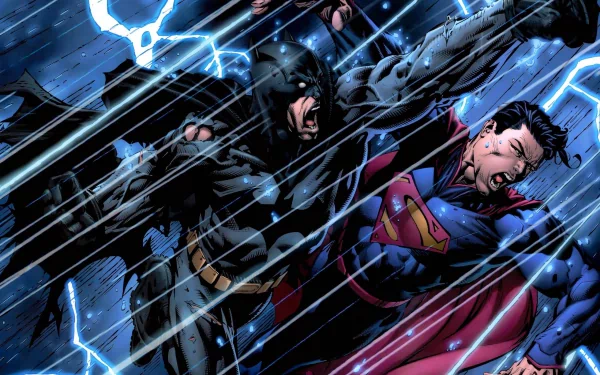 HD PC desktop wallpaper featuring Batman and Superman in a dramatic comic scene from Batman: The Dark Knight amid intense rain and lightning.