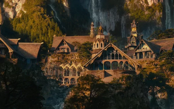 A stunning HD desktop wallpaper depicting a fantasy landscape inspired by The Lord of the Rings, featuring an intricately designed elven architecture nestled among lush greenery.