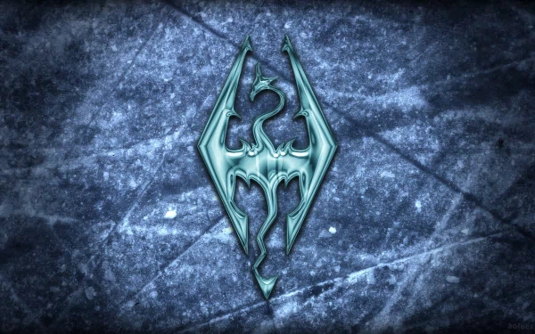 HD desktop wallpaper and background featuring a stylized dragon logo from the video game The Elder Scrolls V: Skyrim, set against a textured, icy blue backdrop.