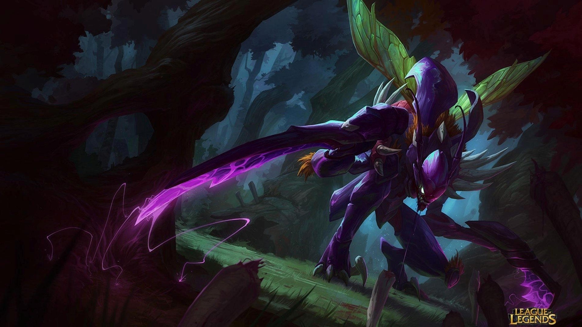 HD PC desktop wallpaper featuring Kha'Zix, the insectoid assassin from the video game League of Legends, poised in a dark, eerie forest setting.