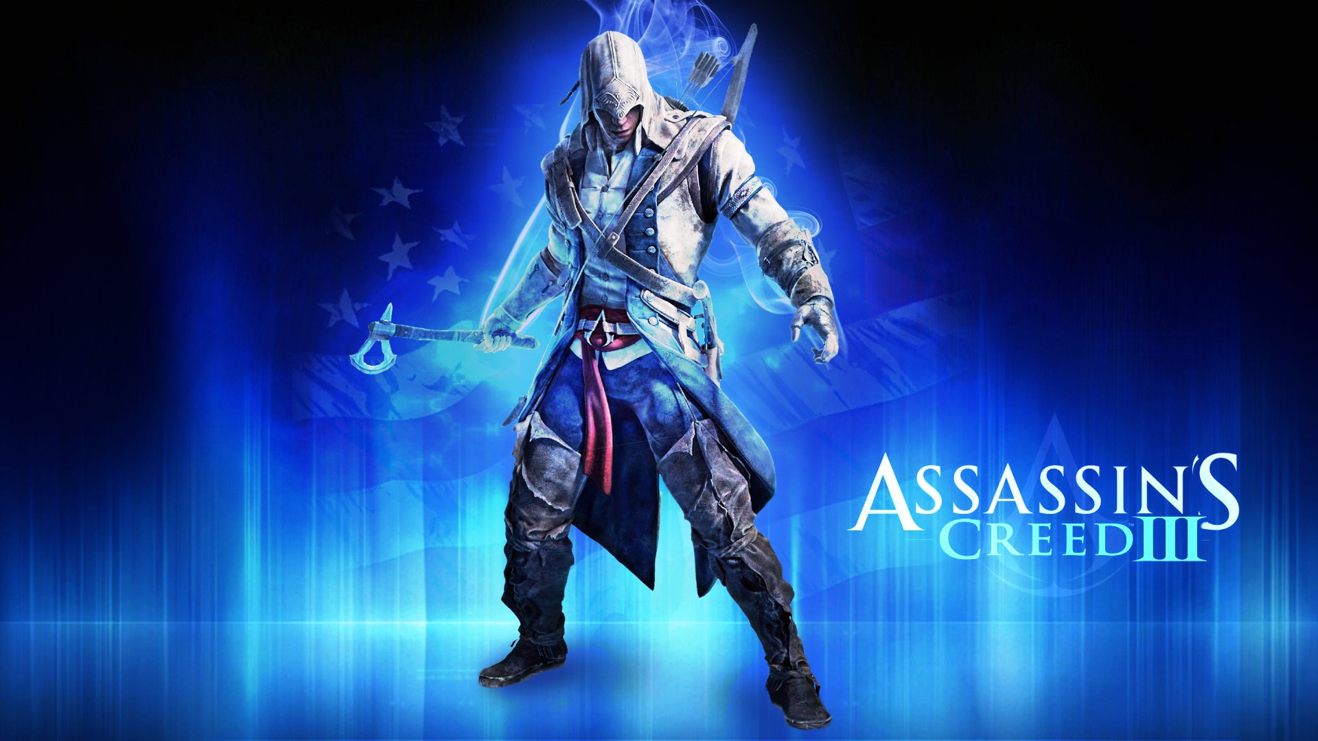 HD wallpaper and background featuring a character from the video game Assassin's Creed III, showcasing a hooded figure in detailed armor with a blue and starry background.