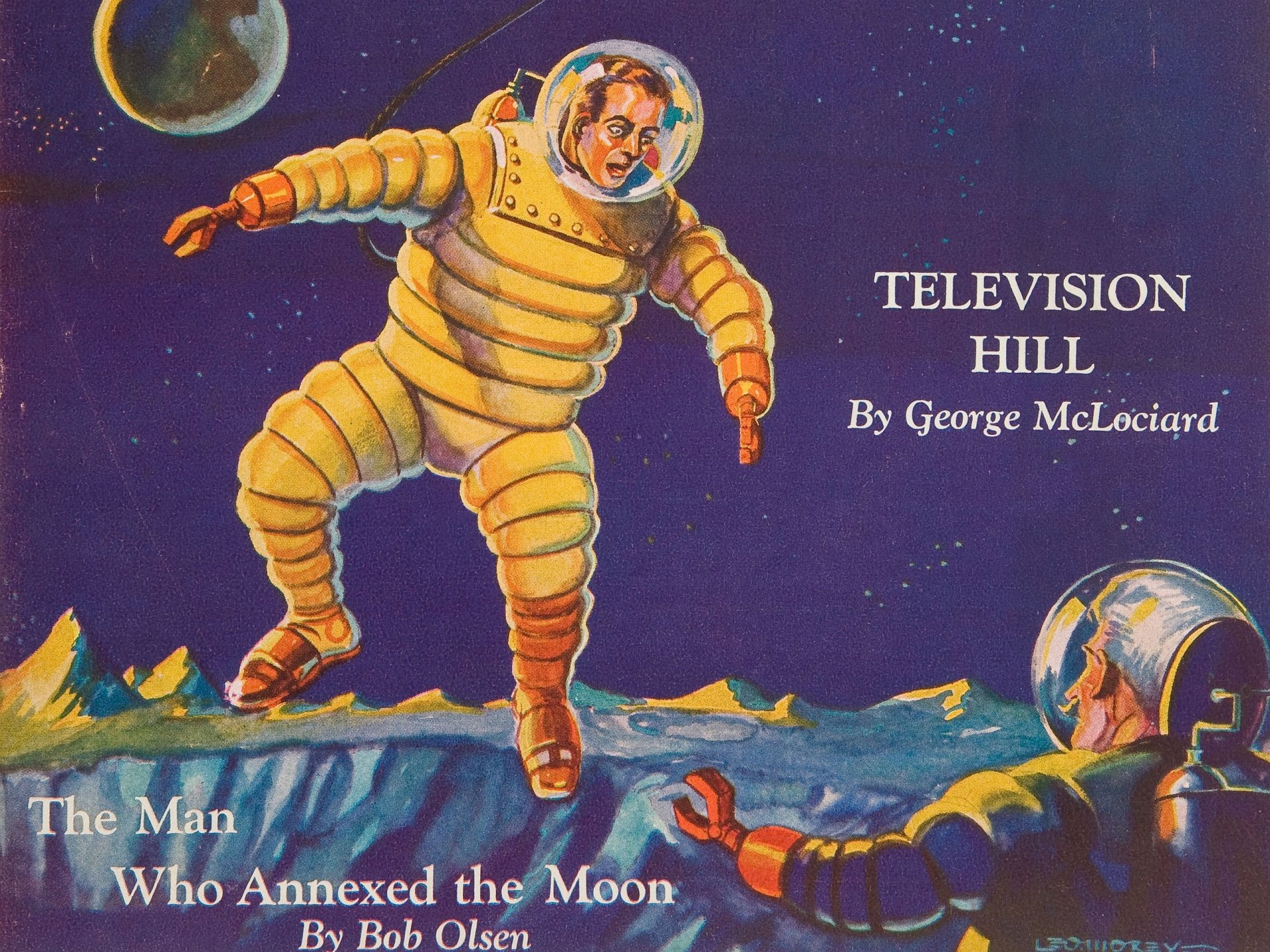 Vintage comic Amazing Stories scene: astronaut in a yellow suit on an alien ridge reaching toward a helmeted companion — 2K Quad HD PC desktop wallpaper and background.