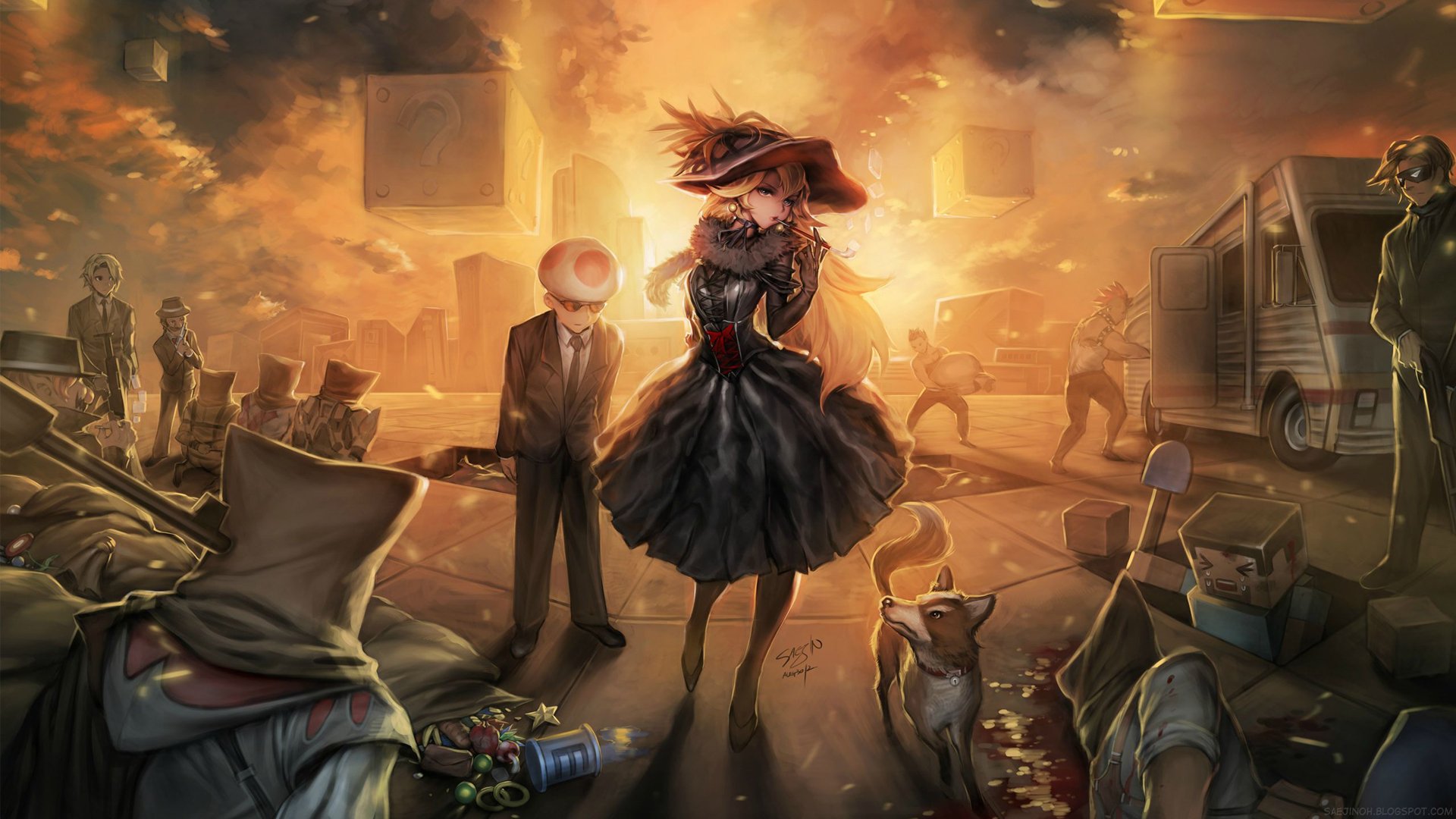 HD fantasy PC desktop wallpaper featuring a mysterious woman in a black dress standing amid a dramatic, chaotic urban scene with shadowy figures and a dog.
