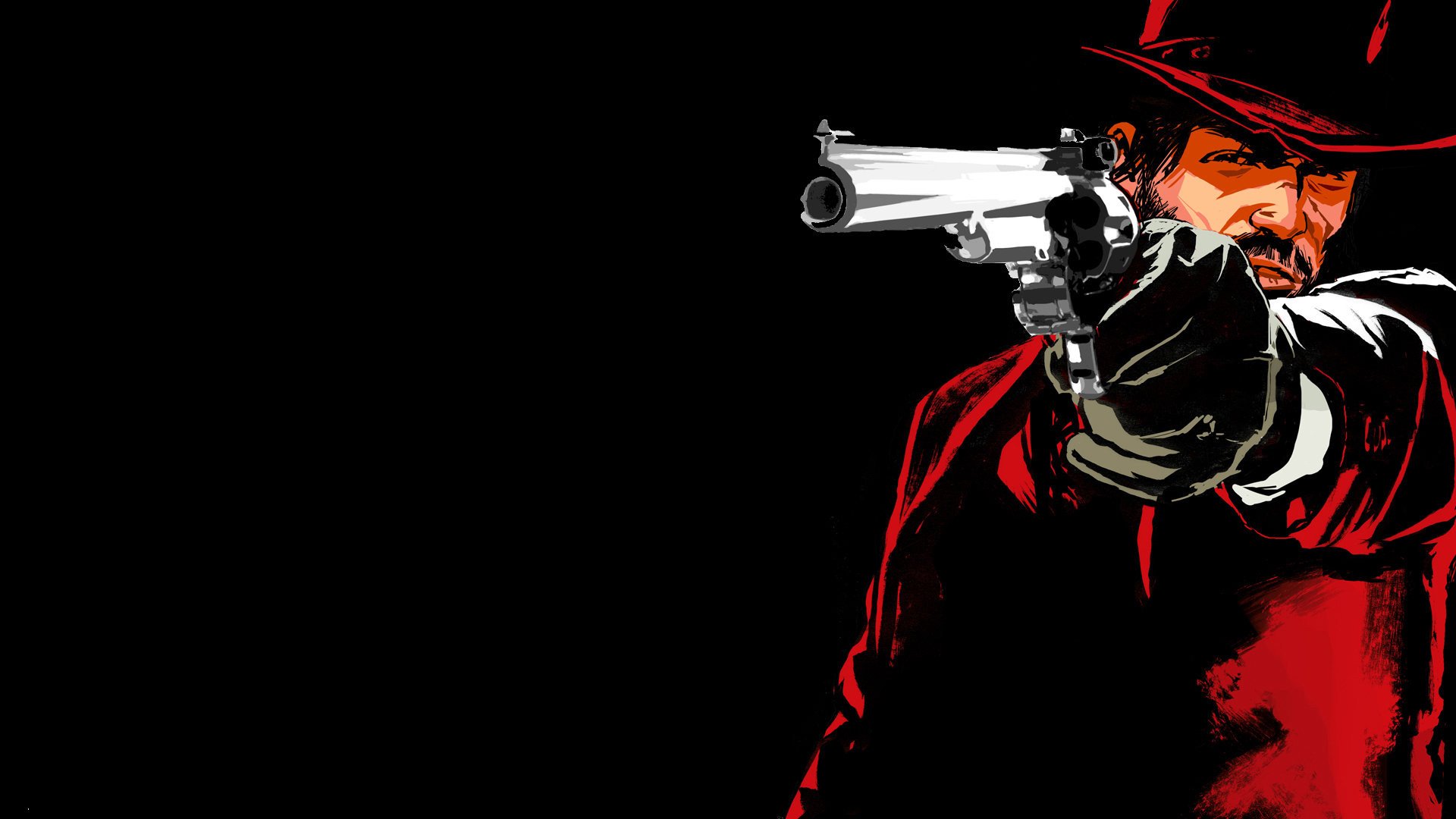 HD PC desktop wallpaper of a Red Dead Redemption character aiming a revolver, featuring bold red and black tones from the video game.