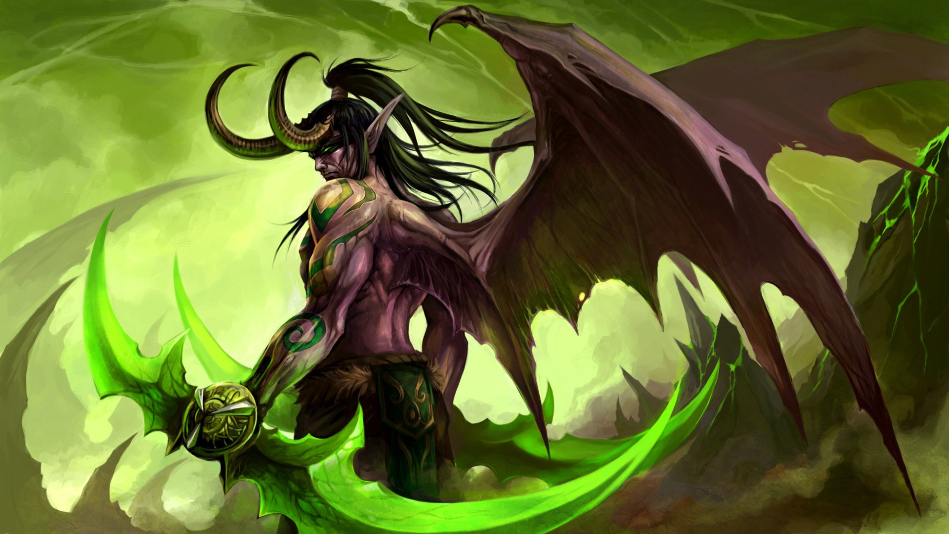 A striking HD wallpaper from World of Warcraft featuring a powerful demon with wings, holding a glowing green weapon against a dramatic background.