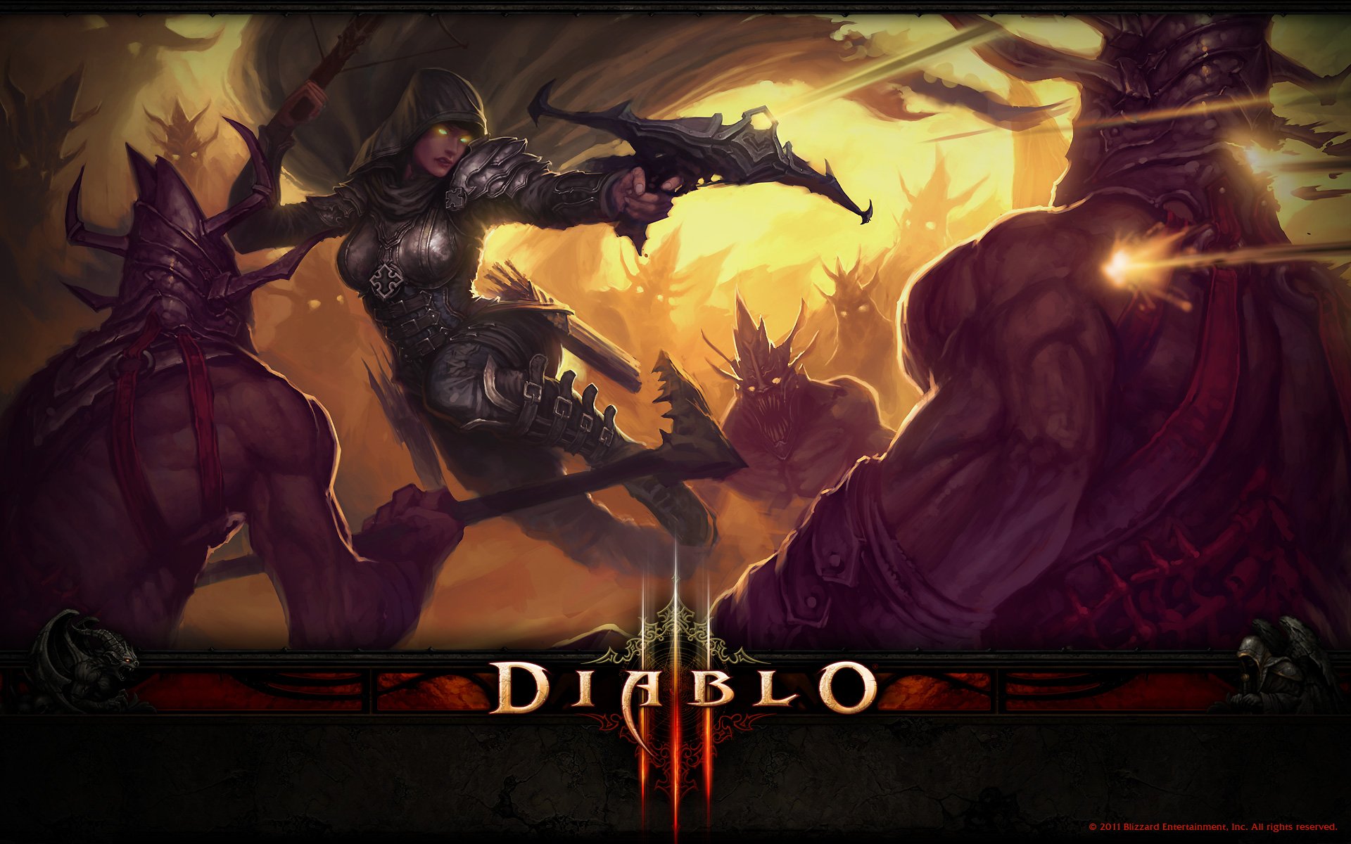 Demon Hunter (Diablo III) HD PC desktop wallpaper/background: a Demon Hunter fires dual crossbows at surrounding demons in a fiery hellscape — Diablo III video game art.