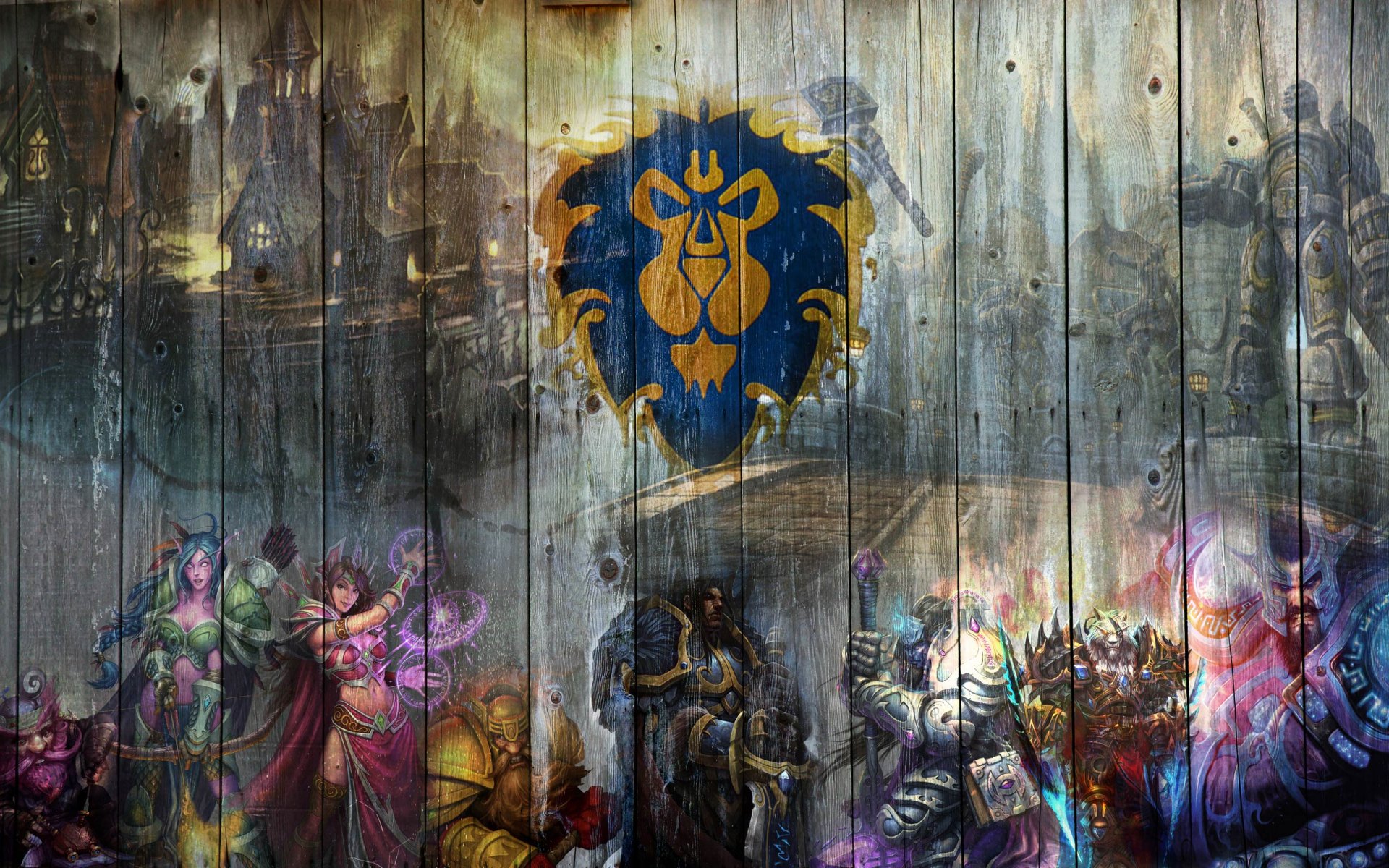 HD desktop wallpaper and background featuring artwork from the video game World of Warcraft, showcasing Alliance characters and the faction emblem on a wooden backdrop.