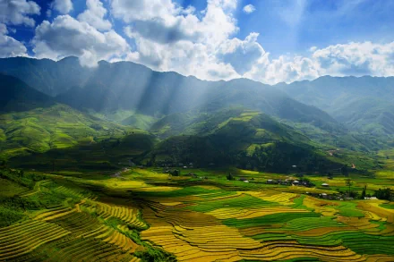 Sunny landscape in Vietnam's countryside with sunbeams shining through clouds onto lush green fields, set against a backdrop of mountains. This HD desktop wallpaper captures the natural beauty and tranquility.